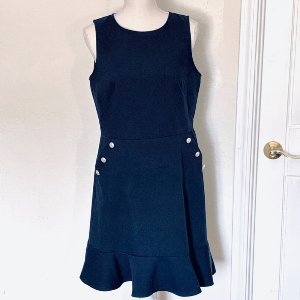 Loft Navy Sleeveless Dress with Pocket and Pearl Buttons, Size 8​